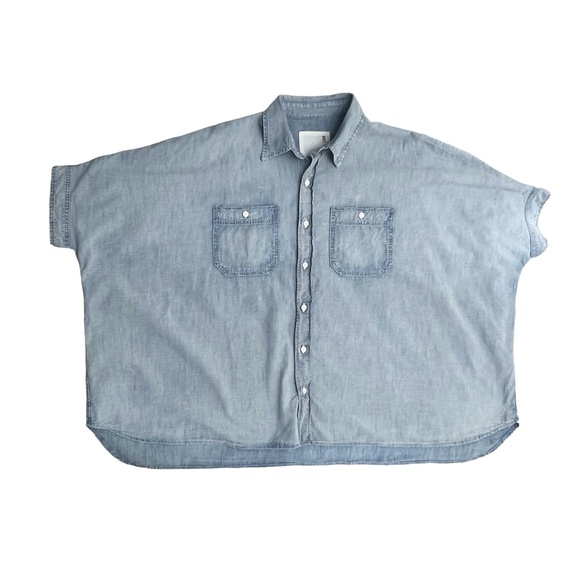R13 FADED DENIM BLUE OVERSIZED BOXY BUTTON UP SHORT SLEEVE SHIRT - Picture 14 of 16